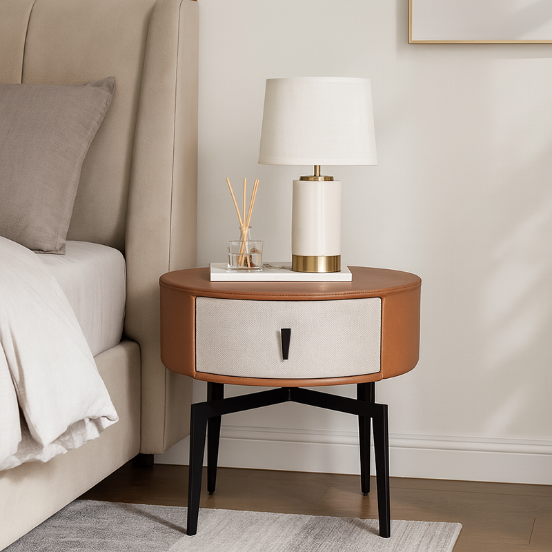 Contemporary Round Accent Bedside Cabinet - Metal Legs 1 Drawer Nightstand For Bedroom Lumendat