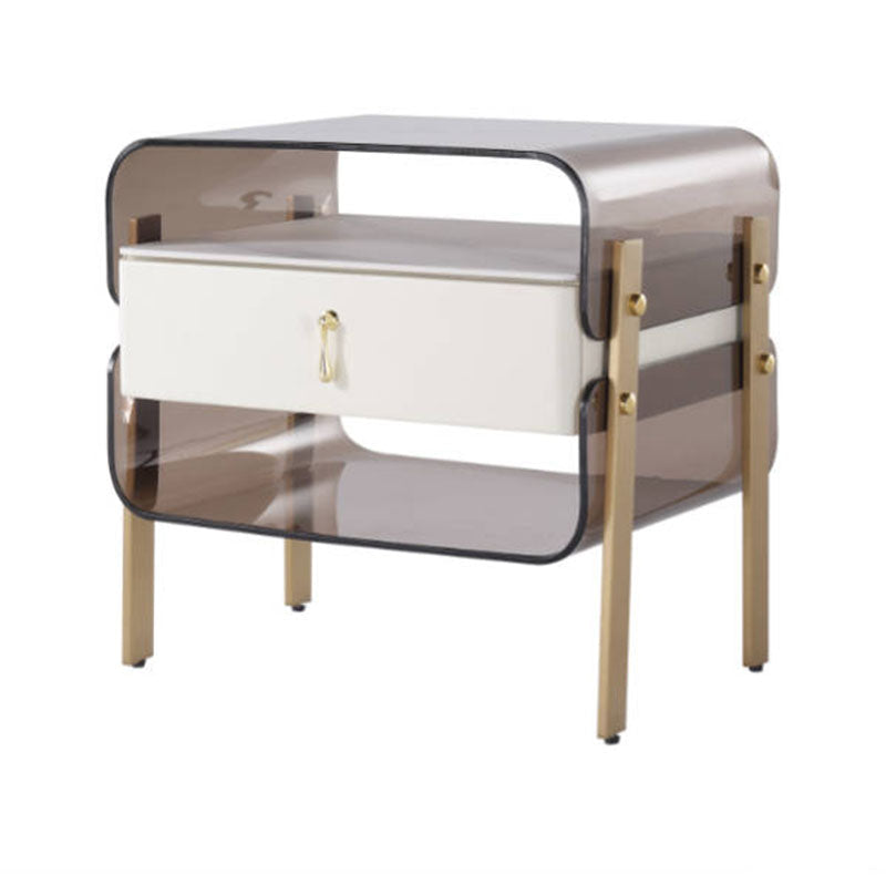 Contemporary Creative Clear Acrylic Bedside Table - Gold Metal Legs 1 Drawer Nightstand For Bedroom Lumendat
