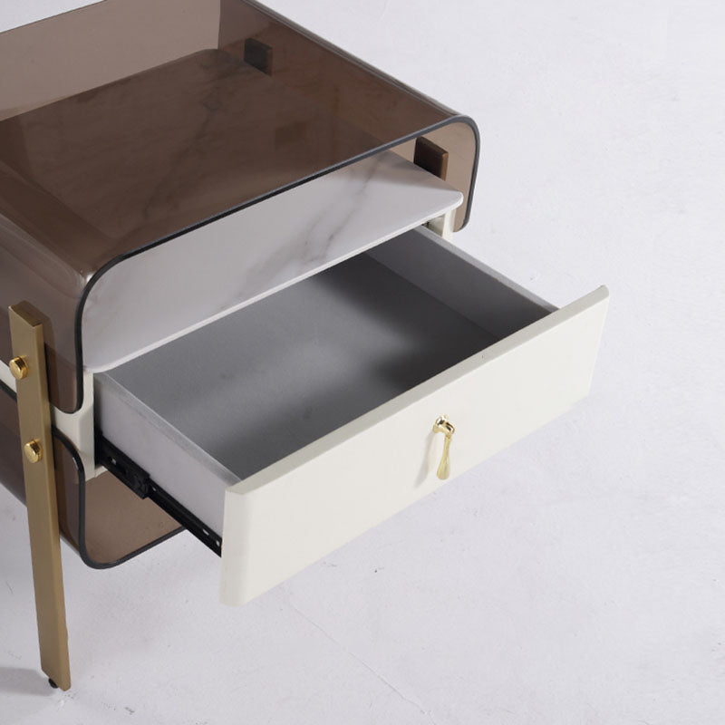 Contemporary Creative Clear Acrylic Bedside Table - Gold Metal Legs 1 Drawer Nightstand For Bedroom Lumendat