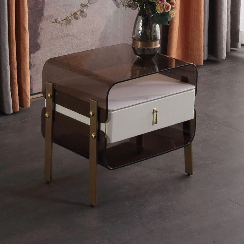 Contemporary Creative Clear Acrylic Bedside Table - Gold Metal Legs 1 Drawer Nightstand For Bedroom Lumendat