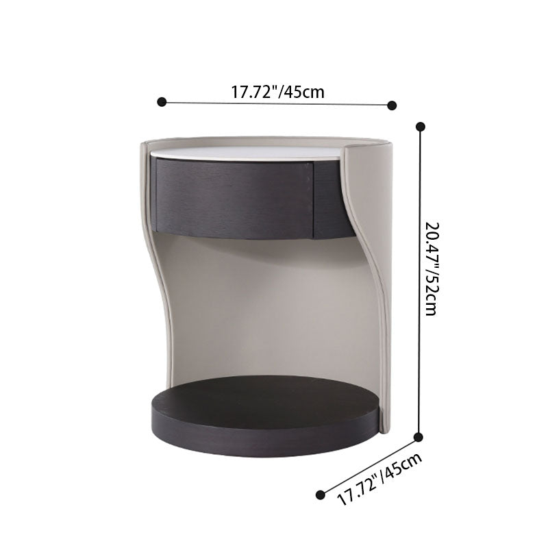 Contemporary Round 1 Hidden Drawer Bedside Table - Faux Leather Open Shelf Nightstand For Bedroom Lumendat