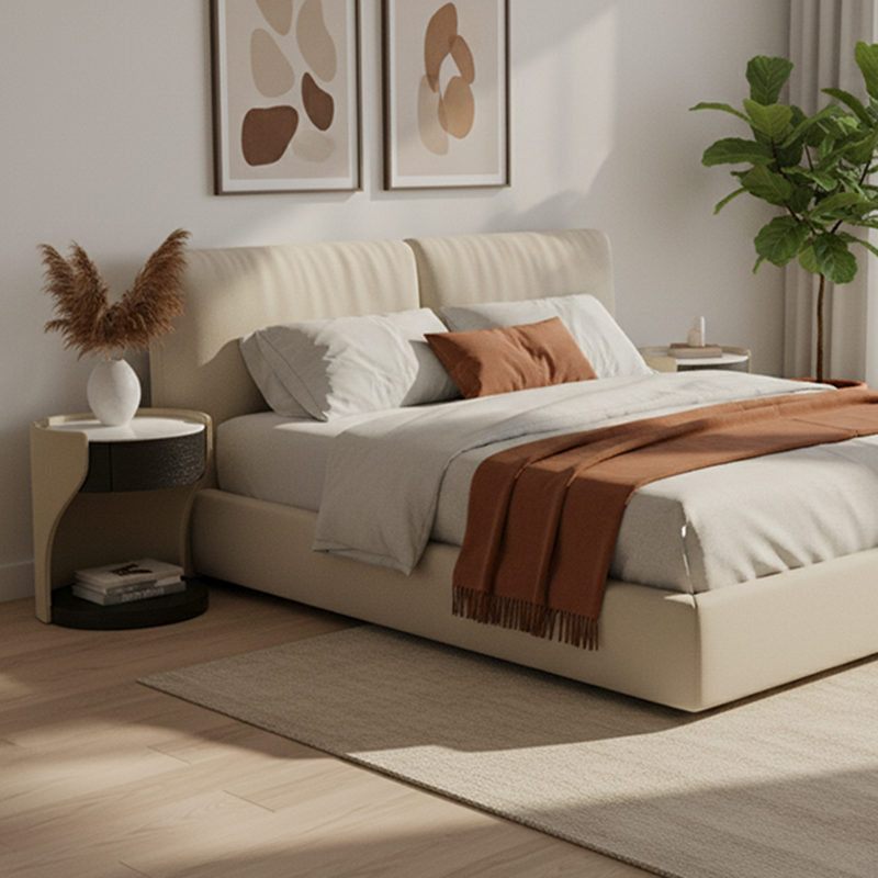 Contemporary Round 1 Hidden Drawer Bedside Table - Faux Leather Open Shelf Nightstand For Bedroom Lumendat
