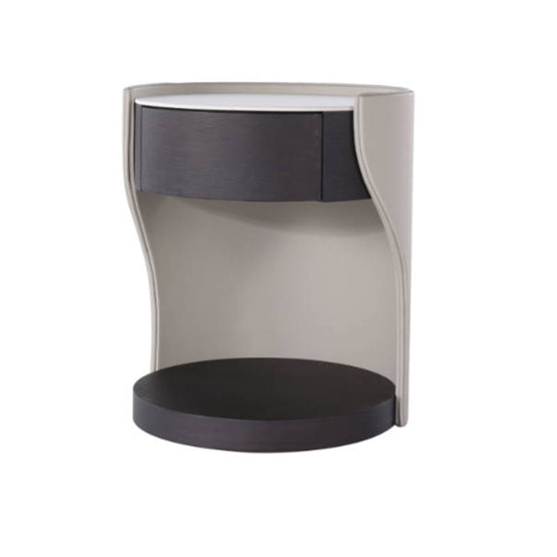 Contemporary Round 1 Hidden Drawer Bedside Table - Faux Leather Open Shelf Nightstand For Bedroom Lumendat