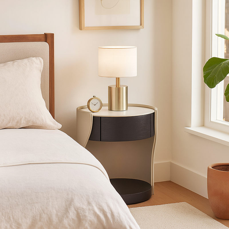 Contemporary Round 1 Hidden Drawer Bedside Table - Faux Leather Open Shelf Nightstand For Bedroom Lumendat