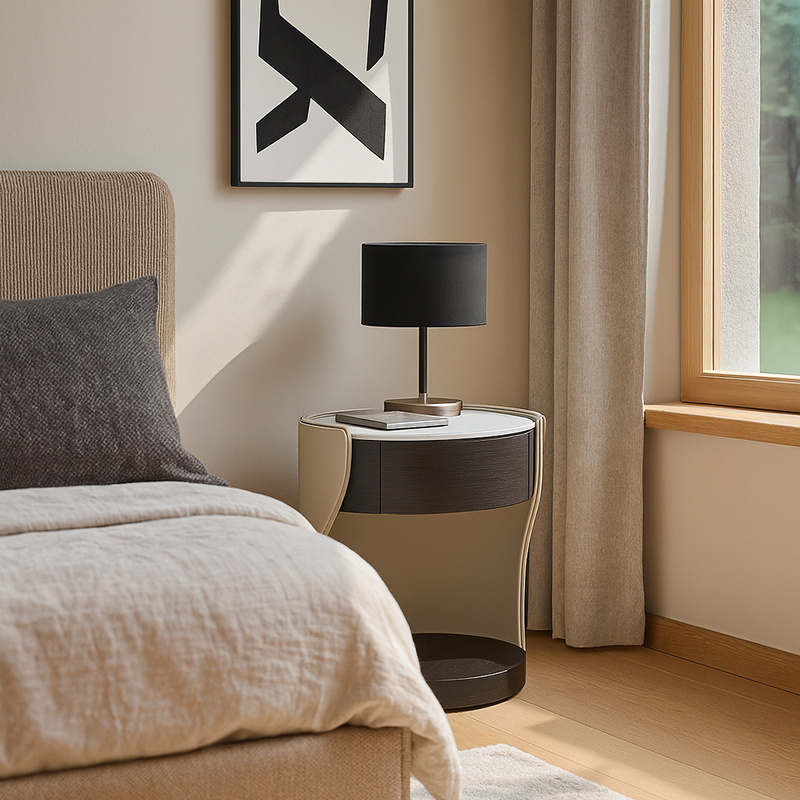Contemporary Round 1 Hidden Drawer Bedside Table - Faux Leather Open Shelf Nightstand For Bedroom Lumendat