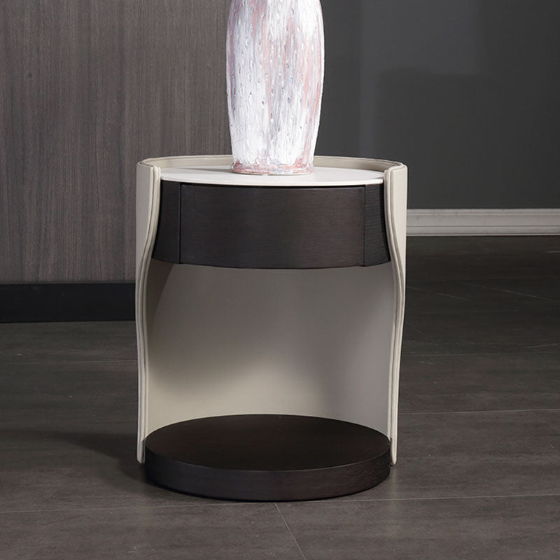 Contemporary Round 1 Hidden Drawer Bedside Table - Faux Leather Open Shelf Nightstand For Bedroom Lumendat