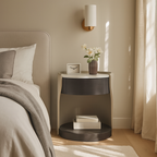 Contemporary Round 1 Hidden Drawer Bedside Table - Faux Leather Open Shelf Nightstand For Bedroom Lumendat
