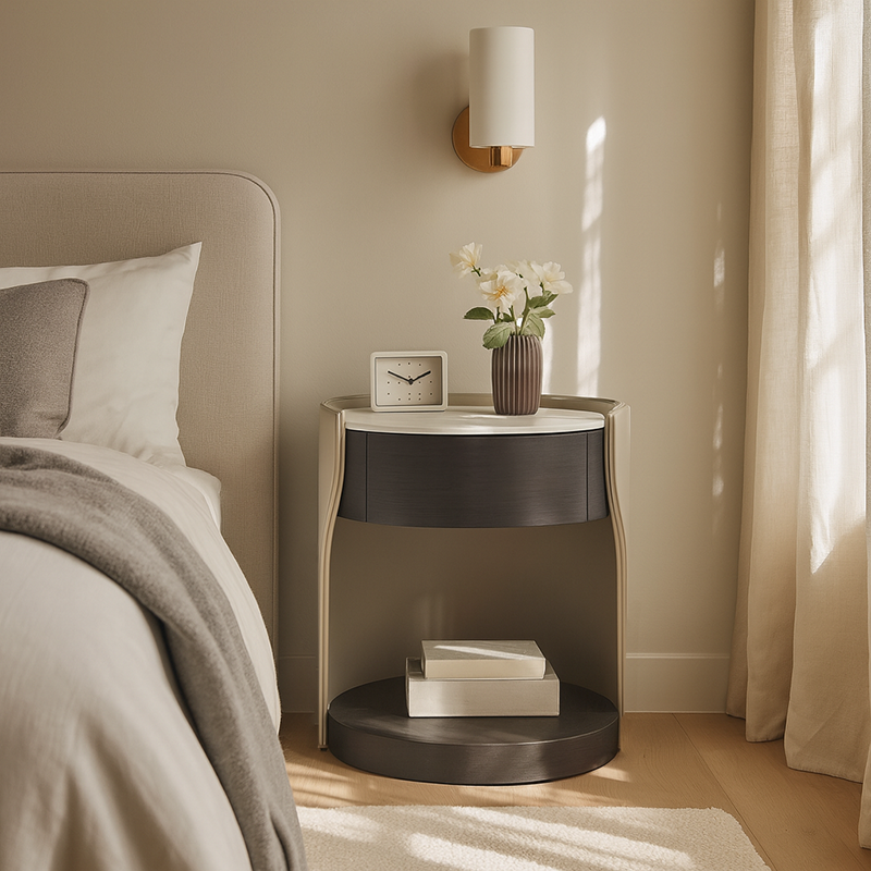 Contemporary Round 1 Hidden Drawer Bedside Table - Faux Leather Open Shelf Nightstand For Bedroom Lumendat