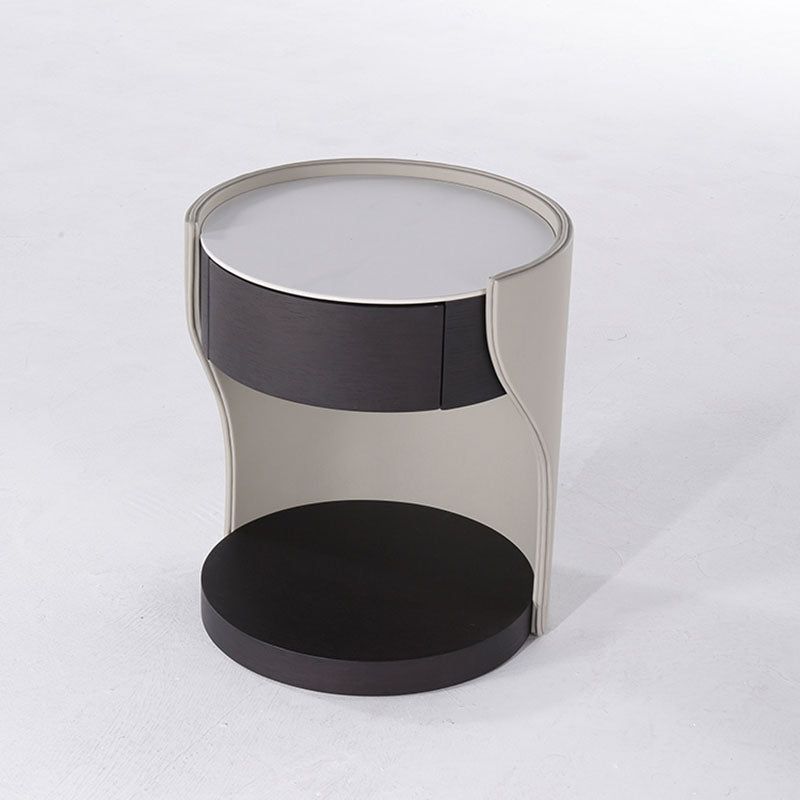 Contemporary Round 1 Hidden Drawer Bedside Table - Faux Leather Open Shelf Nightstand For Bedroom Lumendat