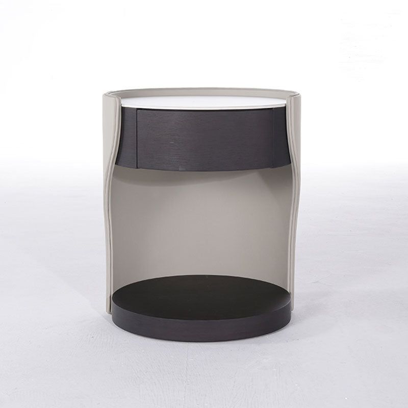 Contemporary Round 1 Hidden Drawer Bedside Table - Faux Leather Open Shelf Nightstand For Bedroom Lumendat