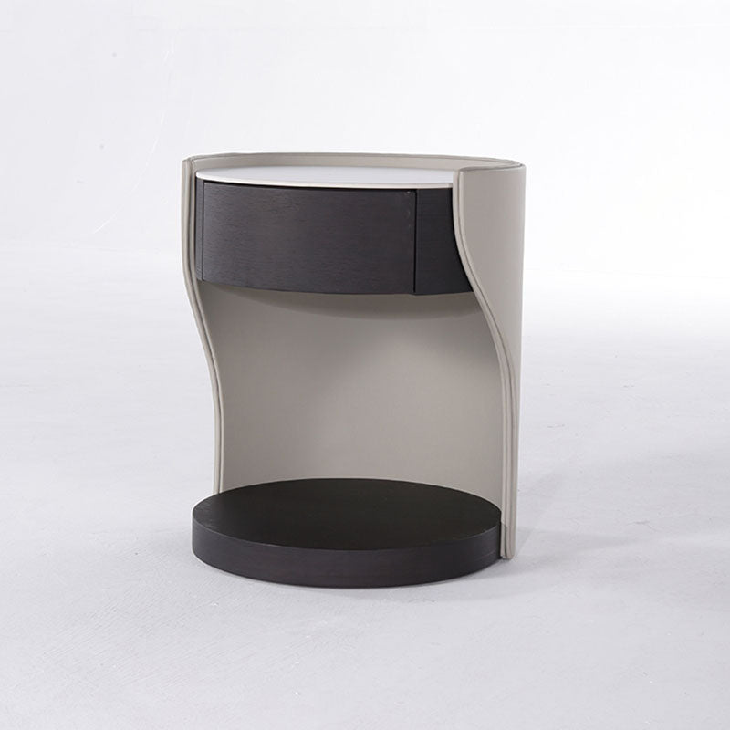 Contemporary Round 1 Hidden Drawer Bedside Table - Faux Leather Open Shelf Nightstand For Bedroom Lumendat
