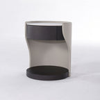 Contemporary Round 1 Hidden Drawer Bedside Table - Faux Leather Open Shelf Nightstand For Bedroom Lumendat