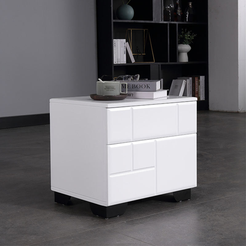 Modern Minimalist High-Gloss White Bedside Cabinet - 2 Drawer Geometric Texture Nightstand For Bedroom Lumendat