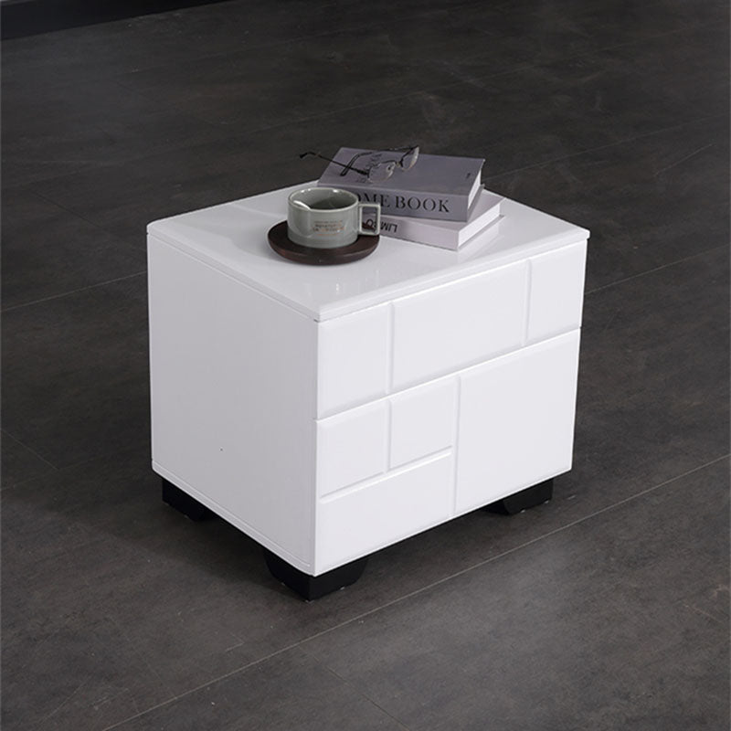 Modern Minimalist High-Gloss White Bedside Cabinet - 2 Drawer Geometric Texture Nightstand For Bedroom Lumendat