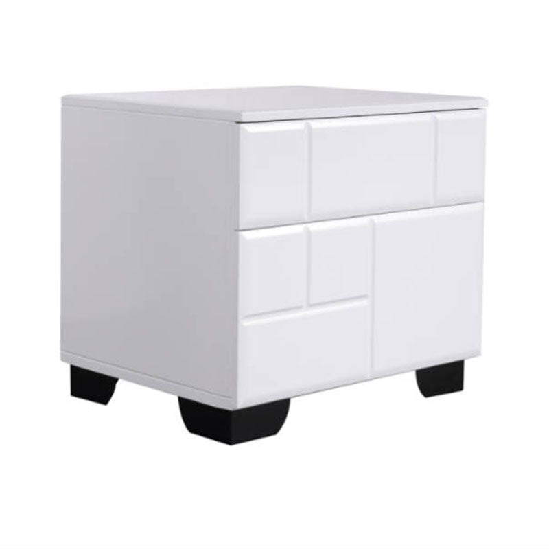 Modern Minimalist High-Gloss White Bedside Cabinet - 2 Drawer Geometric Texture Nightstand For Bedroom Lumendat