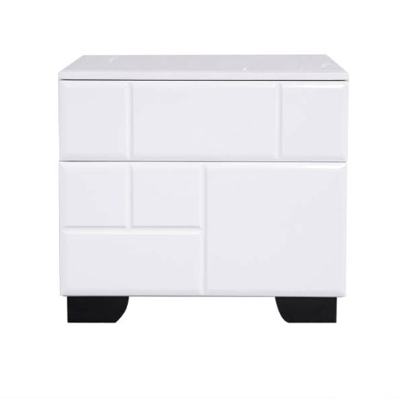 Modern Minimalist High-Gloss White Bedside Cabinet - 2 Drawer Geometric Texture Nightstand For Bedroom Lumendat