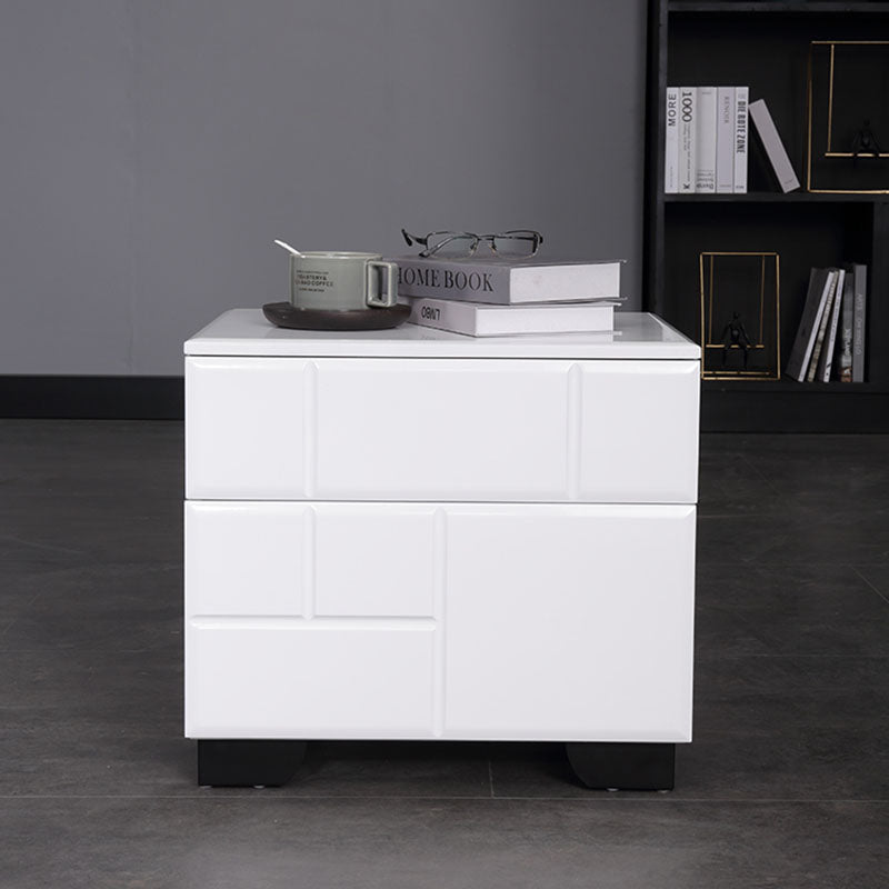 Modern Minimalist High-Gloss White Bedside Cabinet - 2 Drawer Geometric Texture Nightstand For Bedroom Lumendat