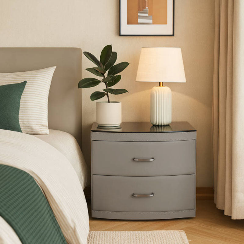 Contemporary Scandinavian Tempered Glass Top Bedside Table - 2 Drawers Curved Nightstand For Bedroom Lumendat