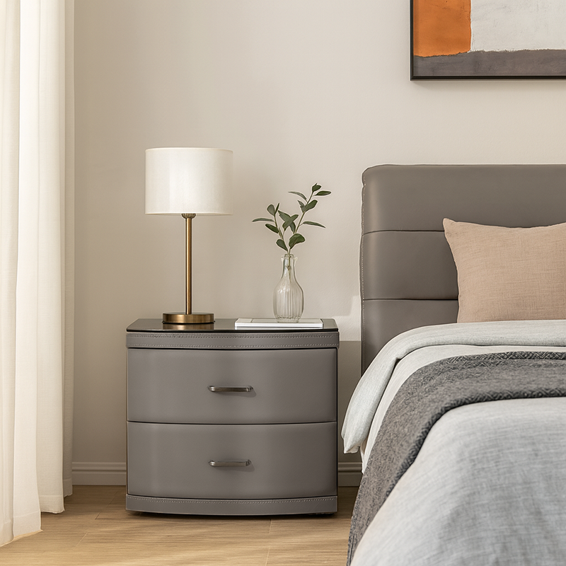 Contemporary Scandinavian Tempered Glass Top Bedside Table - 2 Drawers Curved Nightstand For Bedroom Lumendat