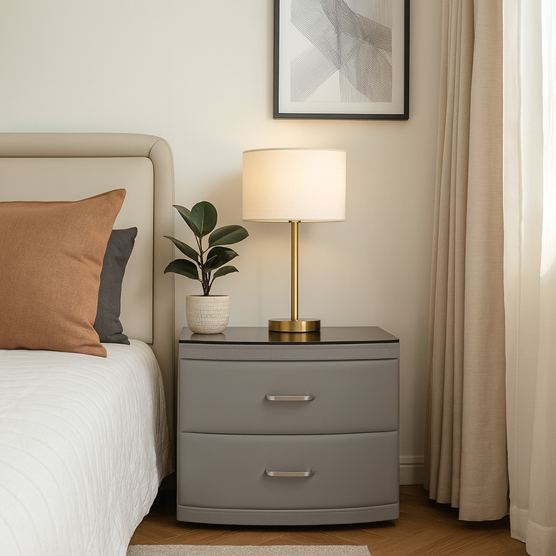 Contemporary Scandinavian Tempered Glass Top Bedside Table - 2 Drawers Curved Nightstand For Bedroom Lumendat