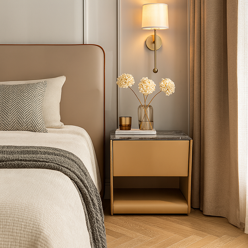 Modern Luxury Curved Micro-Crystal Stone Top Bedside Table - 1 Drawer Open Shelf Nightstand For Bedroom Lumendat
