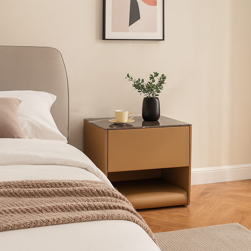 Modern Luxury Curved Micro-Crystal Stone Top Bedside Table - 1 Drawer Open Shelf Nightstand For Bedroom Lumendat