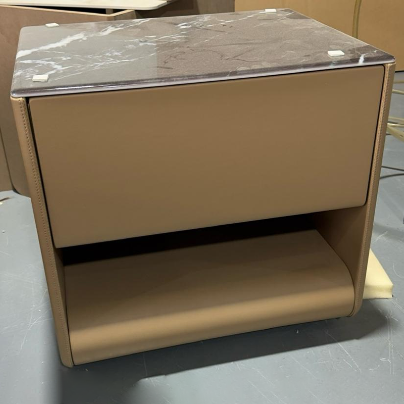 Modern Luxury Curved Micro-Crystal Stone Top Bedside Table - 1 Drawer Open Shelf Nightstand For Bedroom Lumendat