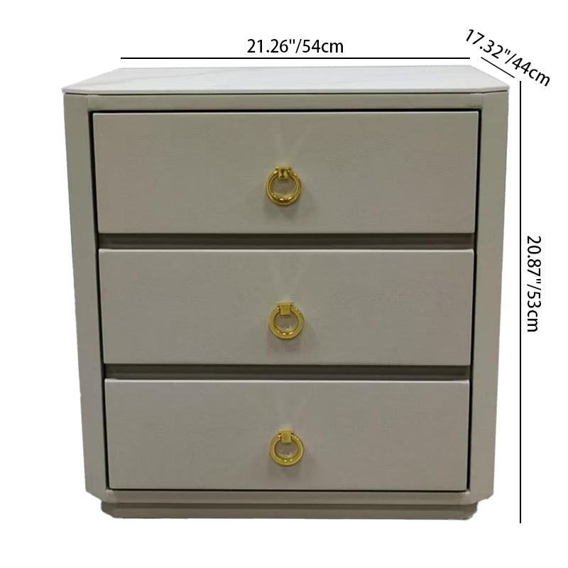 Modern Luxury Faux Leather Gold Ring Pulls Bedside Table - 3 Drawer Square Nightstand For Bedroom Lumendat