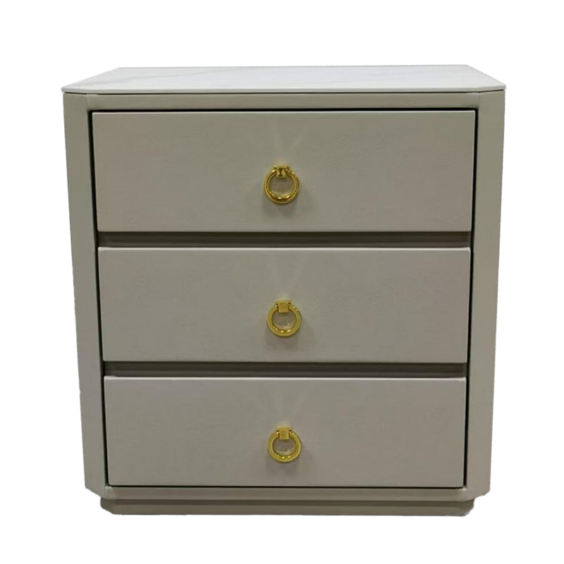 Modern Luxury Faux Leather Gold Ring Pulls Bedside Table - 3 Drawer Square Nightstand For Bedroom Lumendat