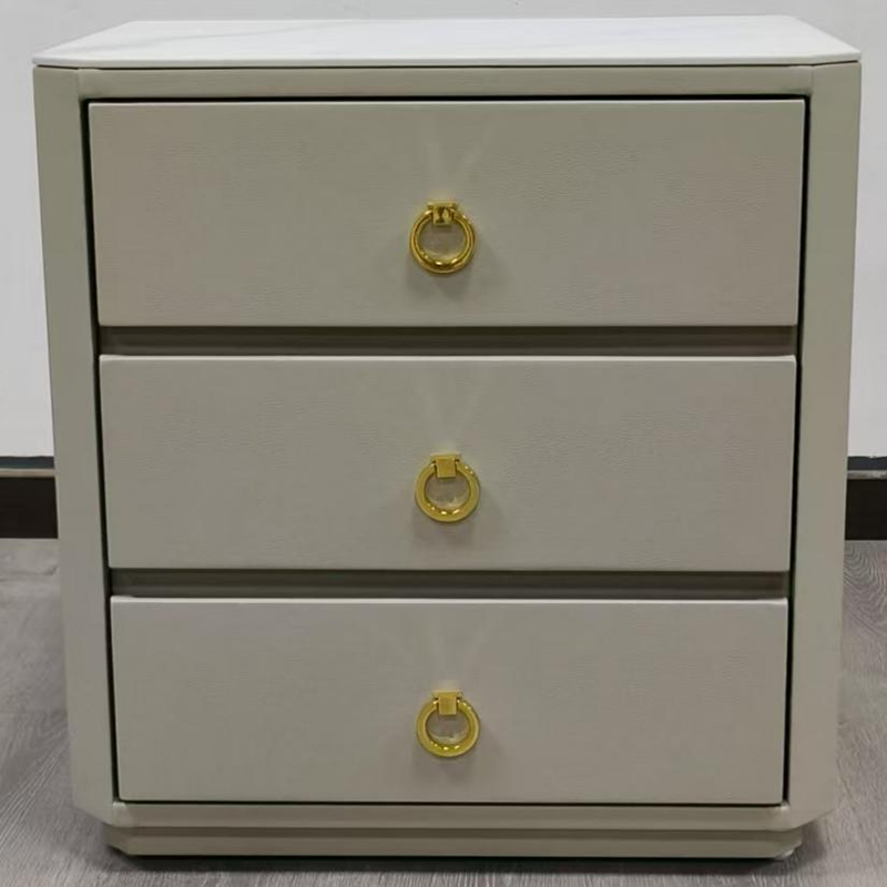 Modern Luxury Faux Leather Gold Ring Pulls Bedside Table - 3 Drawer Square Nightstand For Bedroom Lumendat