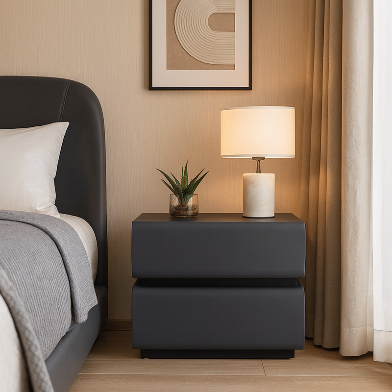 Contemporary Faux Leather Bedside Table - Push-to-Open 2 Drawers Nightstand For Bedroom Lumendat