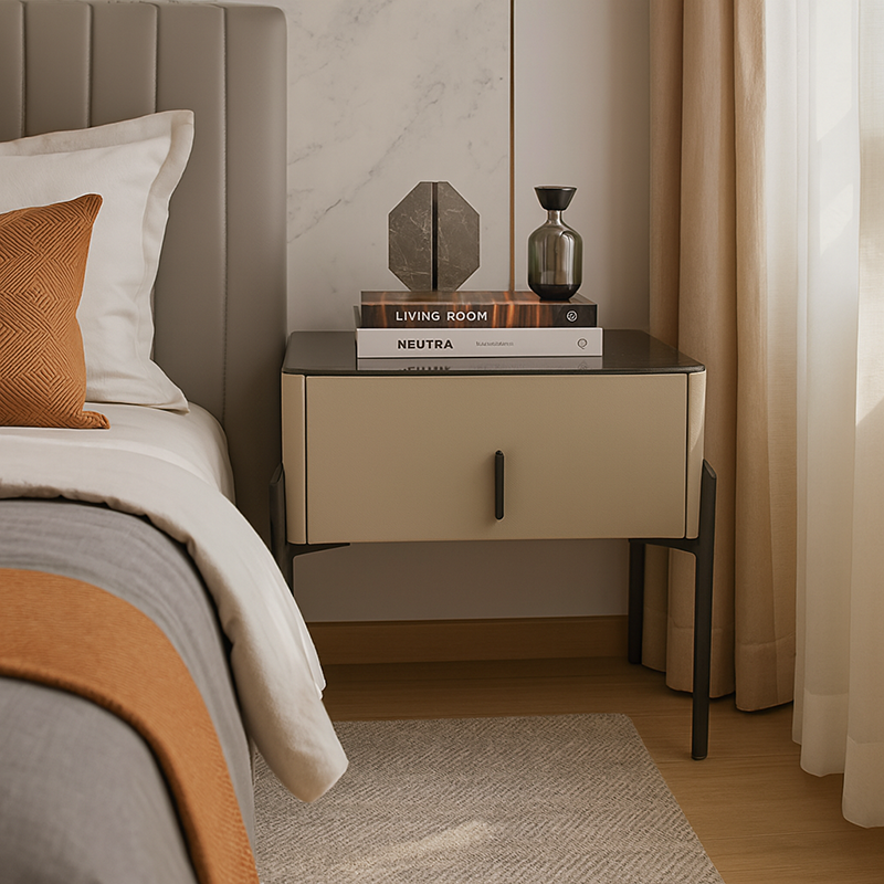 Modern Slim Metal Legs Glass Top Bedside Table - Square 1 Drawer Nightstand For Bedroom Lumendat