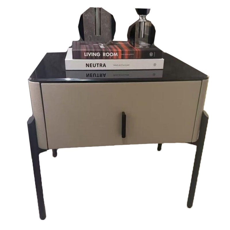 Modern Slim Metal Legs Glass Top Bedside Table - Square 1 Drawer Nightstand For Bedroom Lumendat