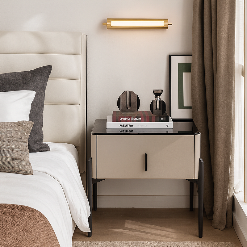 Modern Slim Metal Legs Glass Top Bedside Table - Square 1 Drawer Nightstand For Bedroom Lumendat