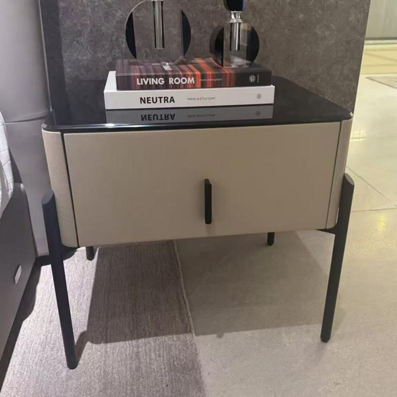 Modern Slim Metal Legs Glass Top Bedside Table - Square 1 Drawer Nightstand For Bedroom Lumendat