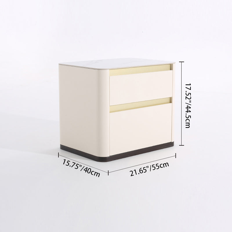Modern Cream Rounded Corners Bedside Table - Sintered Stone 2 Drawer Nightstand For Bedroom Lumendat