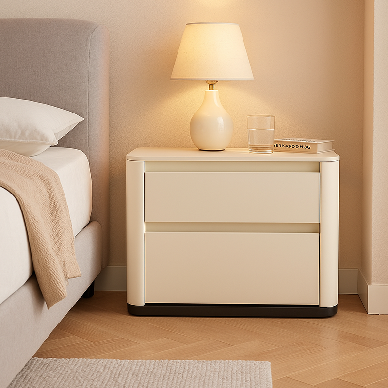 Modern Cream Rounded Corners Bedside Table - Sintered Stone 2 Drawer Nightstand For Bedroom Lumendat