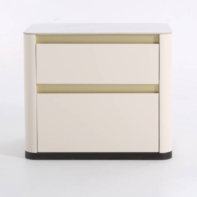 Modern Cream Rounded Corners Bedside Table - Sintered Stone 2 Drawer Nightstand For Bedroom Lumendat