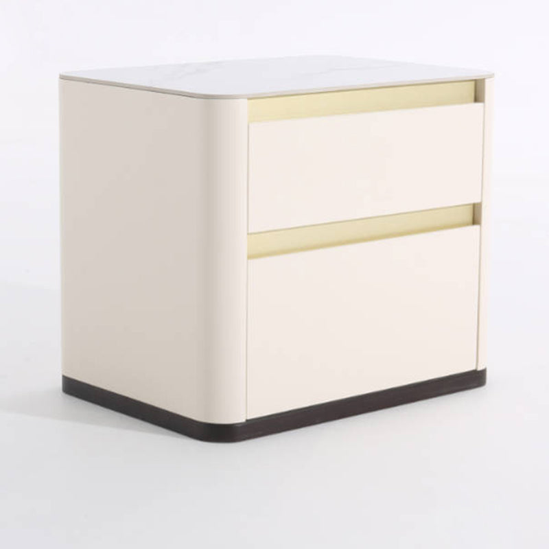 Modern Cream Rounded Corners Bedside Table - Sintered Stone 2 Drawer Nightstand For Bedroom Lumendat