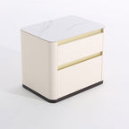 Modern Cream Rounded Corners Bedside Table - Sintered Stone 2 Drawer Nightstand For Bedroom Lumendat