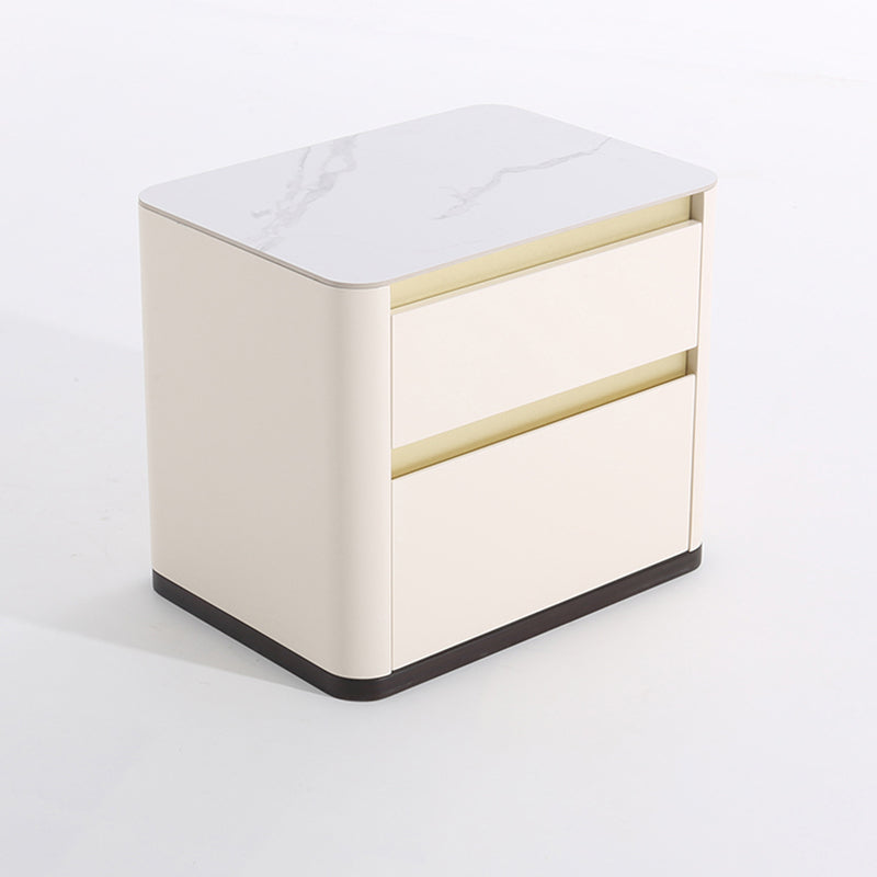 Modern Cream Rounded Corners Bedside Table - Sintered Stone 2 Drawer Nightstand For Bedroom Lumendat