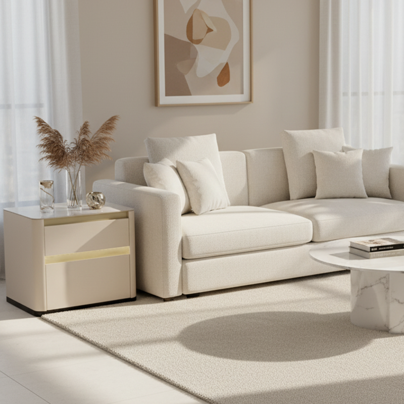 Modern Cream Rounded Corners Bedside Table - Sintered Stone 2 Drawer Nightstand For Bedroom Lumendat