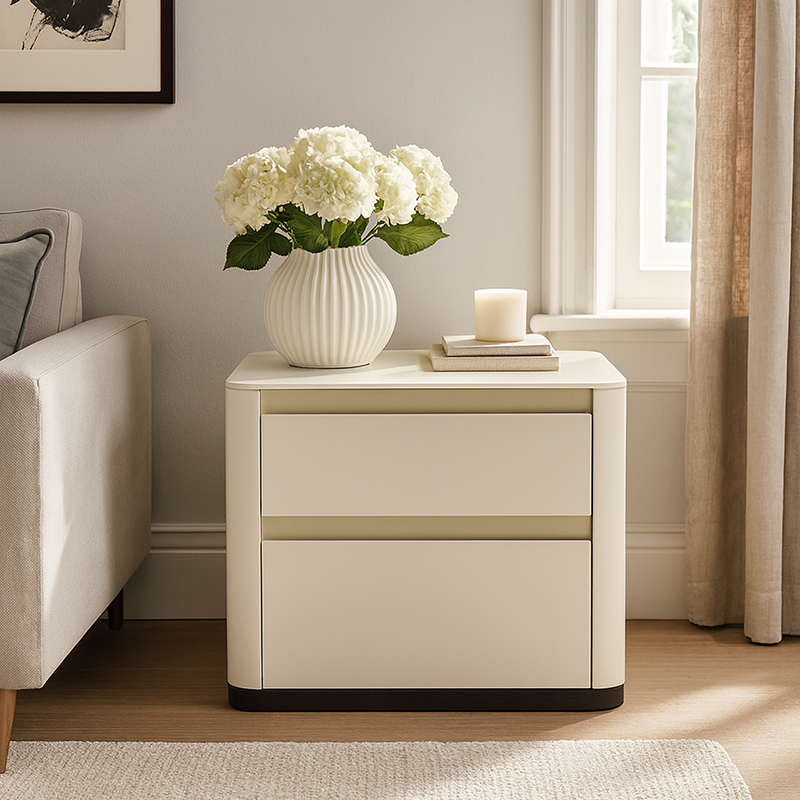 Modern Cream Rounded Corners Bedside Table - Sintered Stone 2 Drawer Nightstand For Bedroom Lumendat