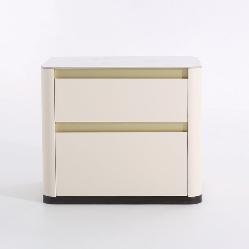 Modern Cream Rounded Corners Bedside Table - Sintered Stone 2 Drawer Nightstand For Bedroom Lumendat