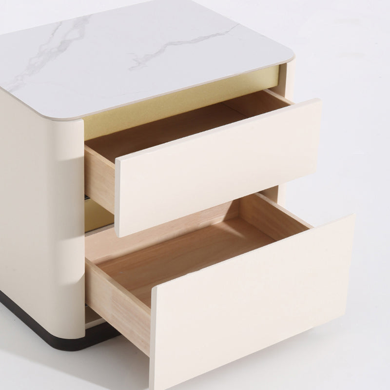 Modern Cream Rounded Corners Bedside Table - Sintered Stone 2 Drawer Nightstand For Bedroom Lumendat