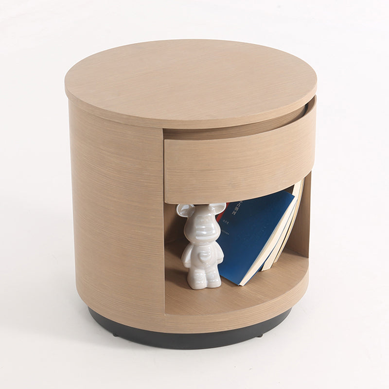 Contemporary Scandinavian Round Curved Bedside Table - Multilayer Board 1 Drawer Nightstand For Bedroom Lumendat