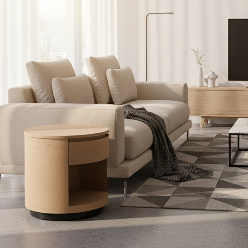 Contemporary Scandinavian Round Curved Bedside Table - Multilayer Board 1 Drawer Nightstand For Bedroom Lumendat