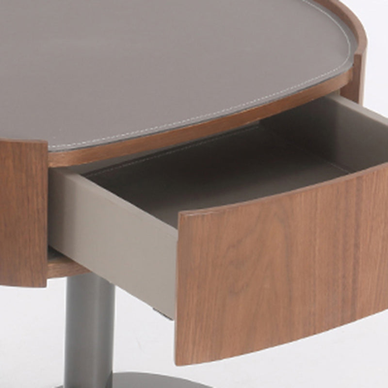 Traditional French Walnut Oval Bedside Table - Saddle Leather Surface 1 Drawer Nightstand For Bedroom Lumendat