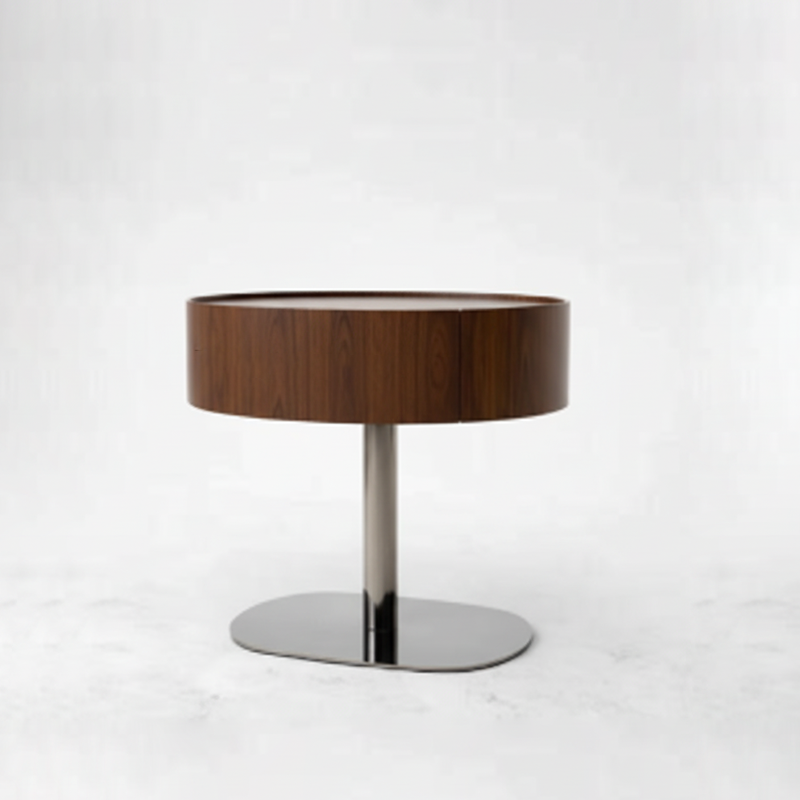 Traditional French Walnut Oval Bedside Table - Saddle Leather Surface 1 Drawer Nightstand For Bedroom Lumendat