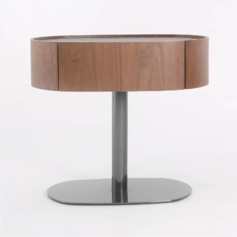 Traditional French Walnut Oval Bedside Table - Saddle Leather Surface 1 Drawer Nightstand For Bedroom Lumendat
